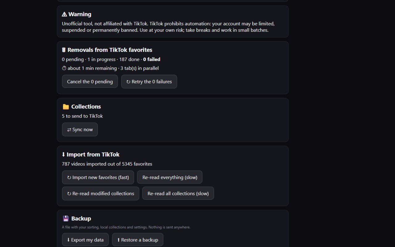The activity tab: removals in progress, collections, import, backup